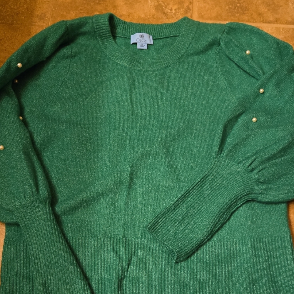 CeCe Green Sweater with Pearl Details